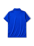 France 1984 home jersey, front view, royal blue body with tricolor striped shoulders, red horizontal chest band with white adidas trefoil logo, gold F.F.F. rooster crest with European Champions 1984 text, double white stripes, commemorative patch near hem