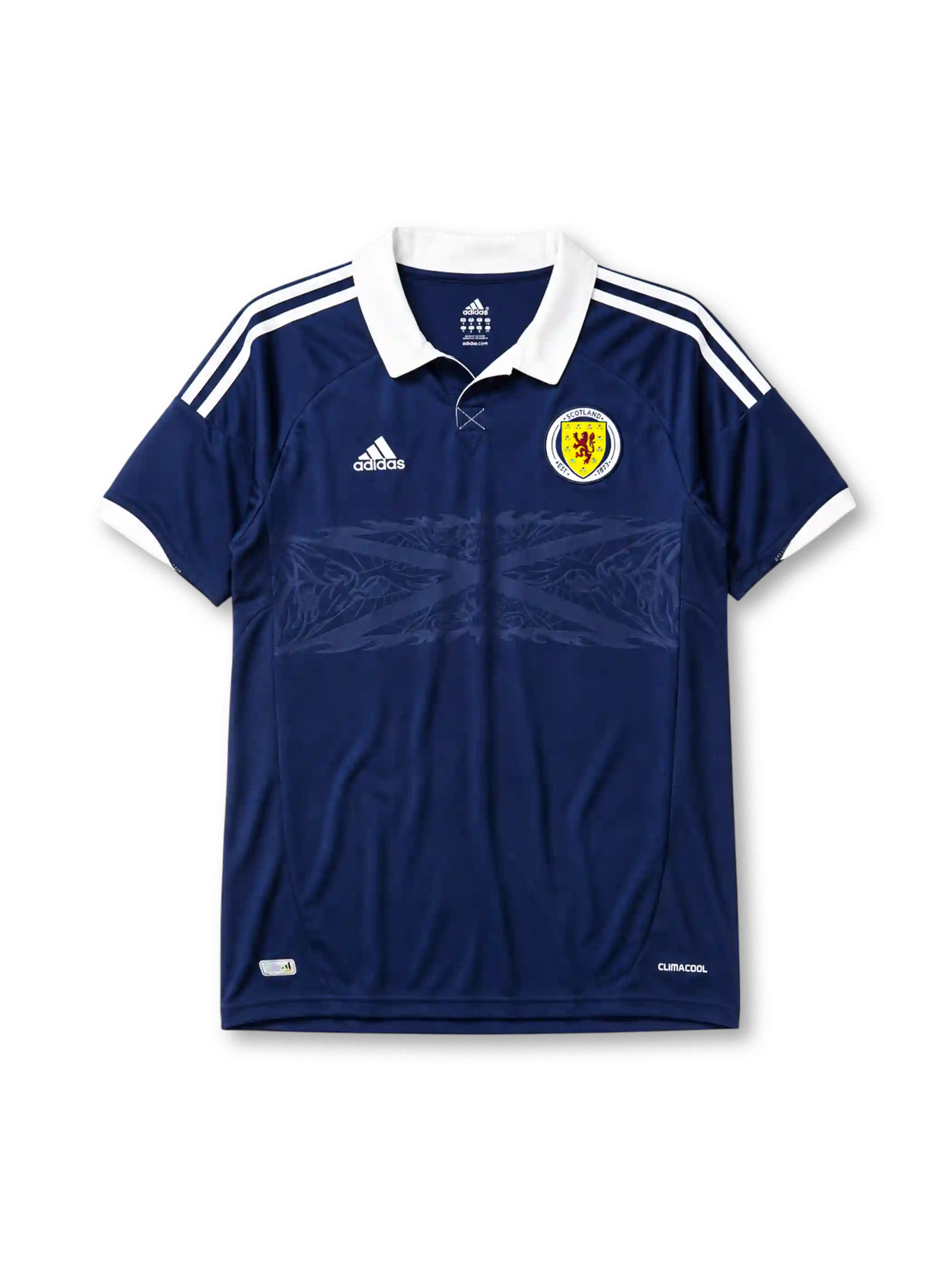 Scotland 2012-14 home jersey, front view, navy body with subtle tonal Saltire cross pattern, white polo-style collar, white adidas logo and stripes, circular Scotland crest with red lion, climacool wordmark near hem