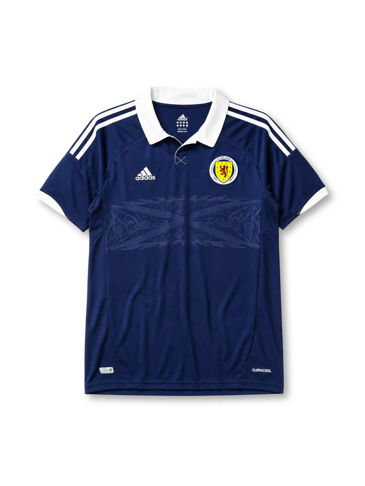 Scotland 2012-14 home jersey, front view, navy body with subtle tonal Saltire cross pattern, white polo-style collar, white adidas logo and stripes, circular Scotland crest with red lion, climacool wordmark near hem