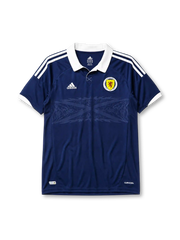 Scotland 2012-14 home jersey, front view, navy body with subtle tonal Saltire cross pattern, white polo-style collar, white adidas logo and stripes, circular Scotland crest with red lion, climacool wordmark near hem