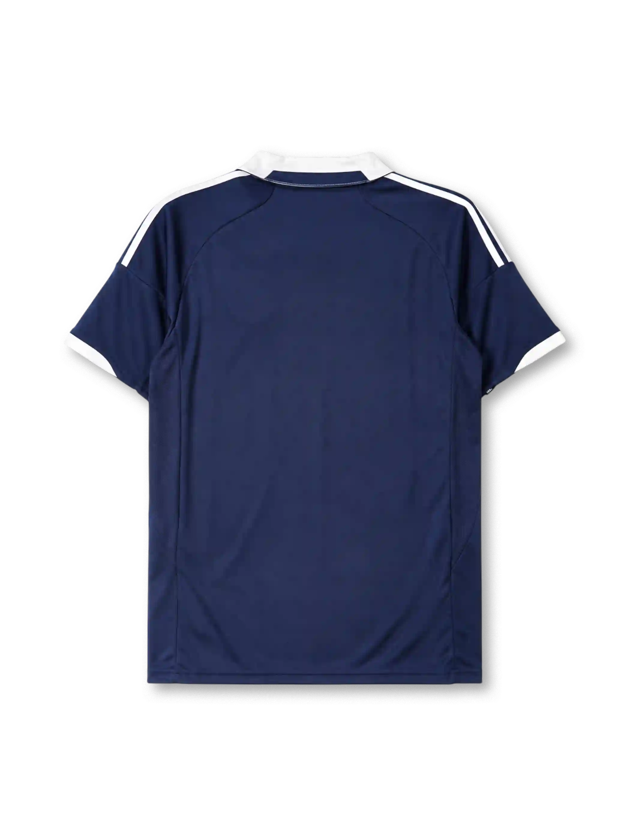 Scotland 2012-14 home jersey, front view, navy body with subtle tonal Saltire cross pattern, white polo-style collar, white adidas logo and stripes, circular Scotland crest with red lion, climacool wordmark near hem