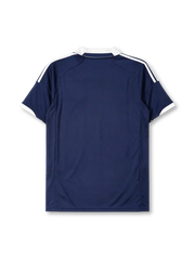 Scotland 2012-14 home jersey, front view, navy body with subtle tonal Saltire cross pattern, white polo-style collar, white adidas logo and stripes, circular Scotland crest with red lion, climacool wordmark near hem