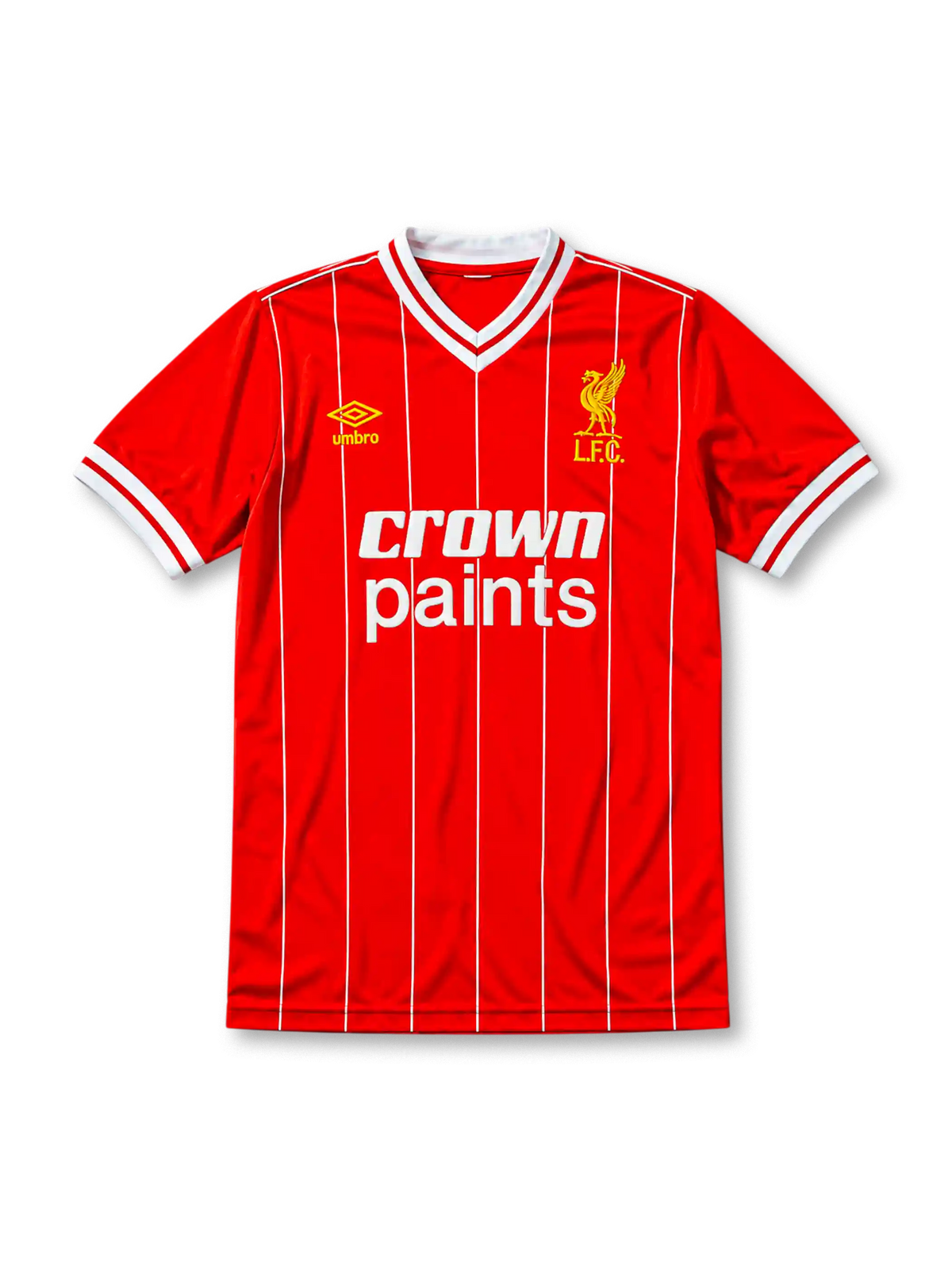 Liverpool 1981-84 home jersey, front view, red body with fine white vertical pinstripes, white V-neck collar with red piping, white cuffs, yellow Umbro logo, gold L.F.C. liver bird crest, white Crown Paints sponsor logo