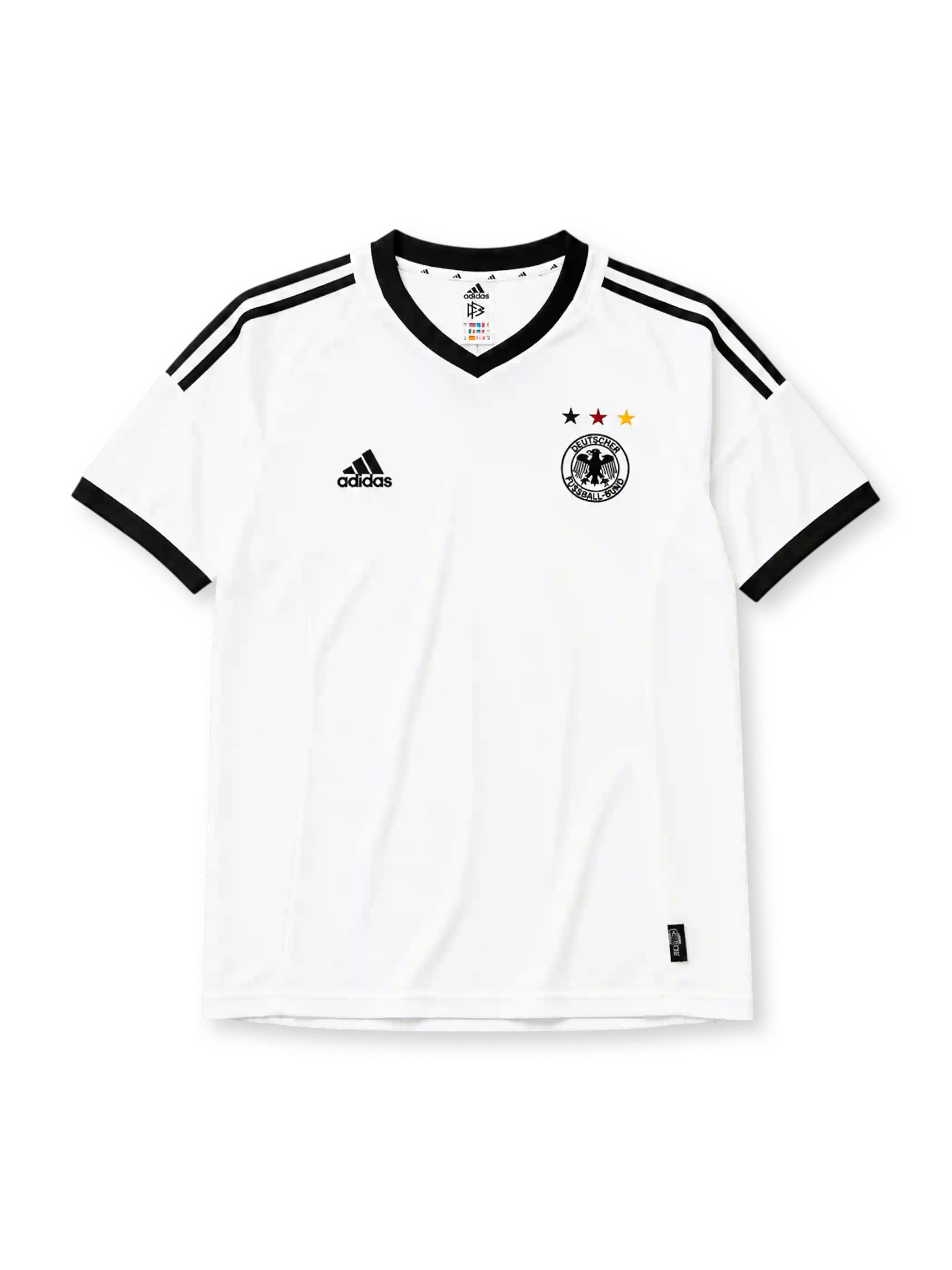 Germany 2002-03 home jersey, front view, white body with black V-neck collar, black adidas logo and stripes, three tricolor stars in black red and gold, DFB eagle crest, black cuffs