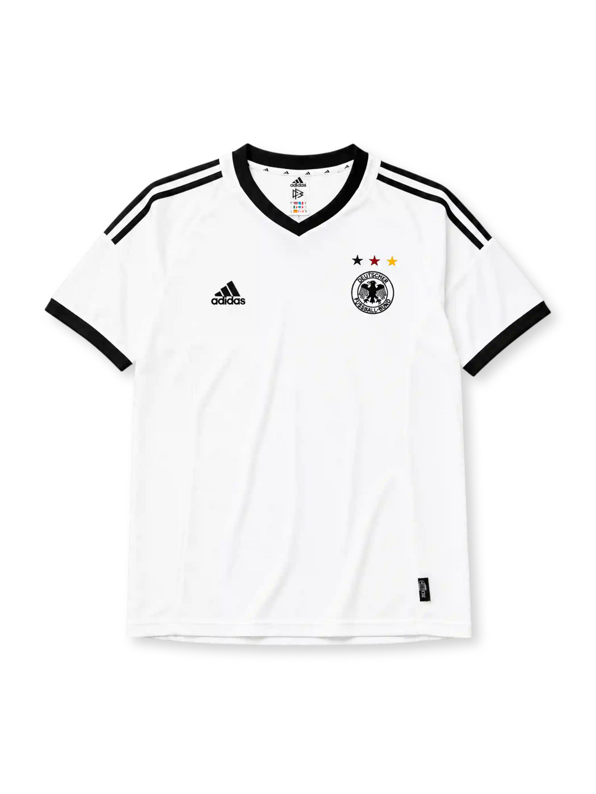 Germany 2002-03 home jersey, front view, white body with black V-neck collar, black adidas logo and stripes, three tricolor stars in black red and gold, DFB eagle crest, black cuffs