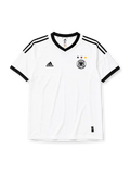 Germany 2002-03 home jersey, front view, white body with black V-neck collar, black adidas logo and stripes, three tricolor stars in black red and gold, DFB eagle crest, black cuffs