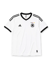 Germany 2002-03 home jersey, front view, white body with black V-neck collar, black adidas logo and stripes, three tricolor stars in black red and gold, DFB eagle crest, black cuffs