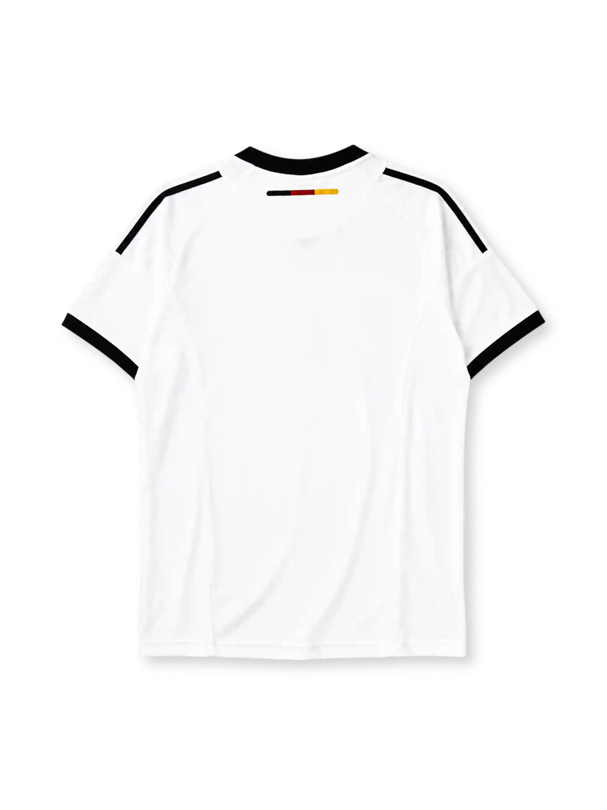 Germany 2002-03 home jersey, front view, white body with black V-neck collar, black adidas logo and stripes, three tricolor stars in black red and gold, DFB eagle crest, black cuffs