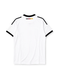 Germany 2002-03 home jersey, front view, white body with black V-neck collar, black adidas logo and stripes, three tricolor stars in black red and gold, DFB eagle crest, black cuffs