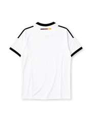 Germany 2002-03 home jersey, front view, white body with black V-neck collar, black adidas logo and stripes, three tricolor stars in black red and gold, DFB eagle crest, black cuffs