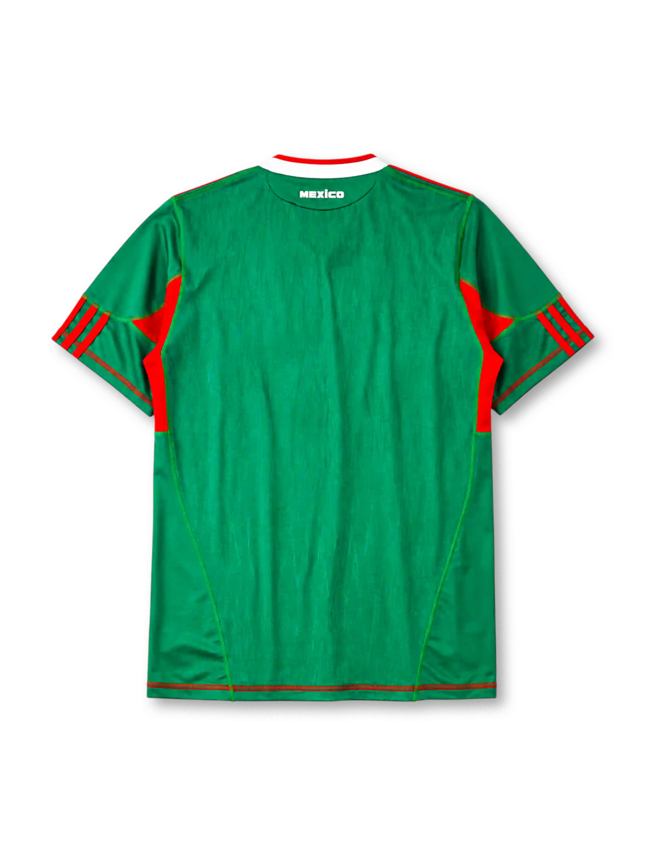 Mexico 2010 home jersey, front view, green body with red side panels, red and white V-neck collar, white adidas logo and stripes, Mexican Football Federation eagle crest, red hem stripe, small adidas and ClimaCool tags