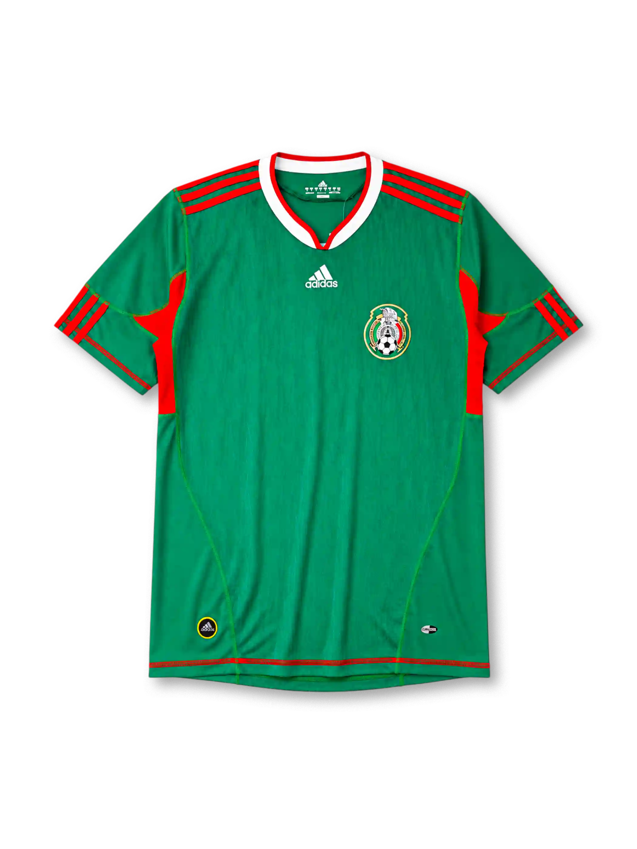 Mexico 2010 home jersey, front view, green body with red side panels, red and white V-neck collar, white adidas logo and stripes, Mexican Football Federation eagle crest, red hem stripe, small adidas and ClimaCool tags