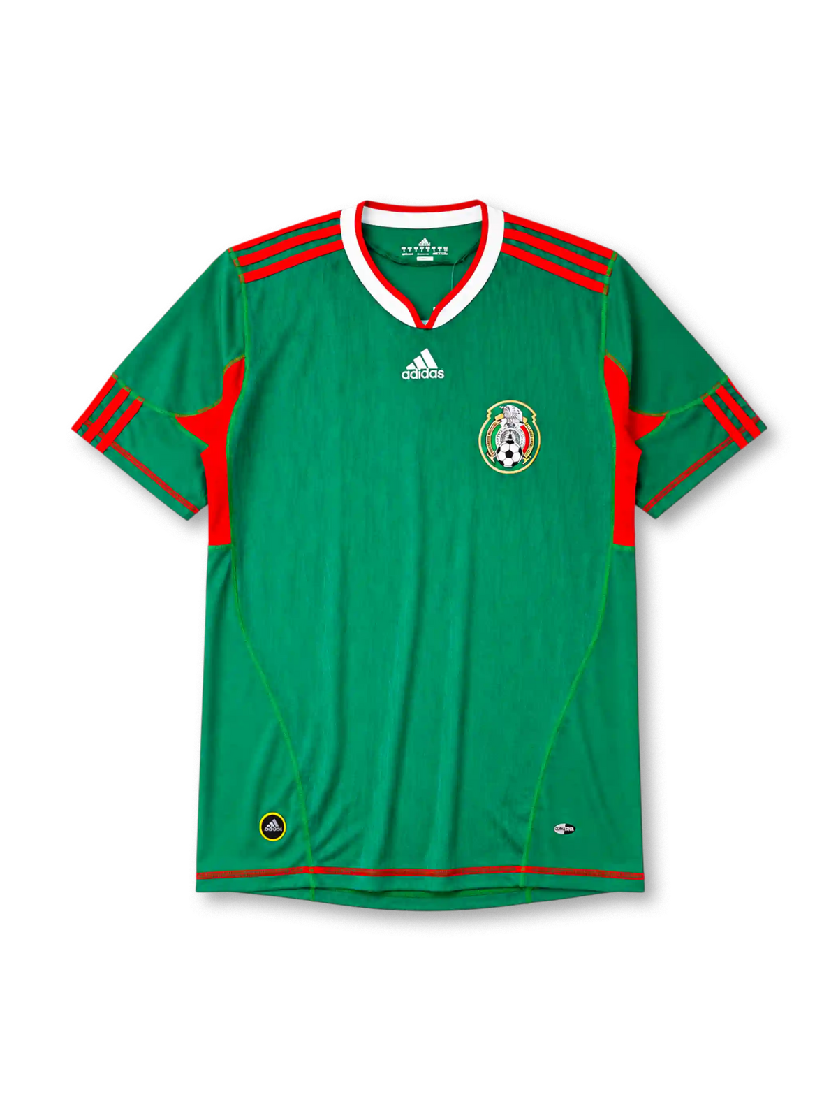 Mexico 2010 home jersey, front view, green body with red side panels, red and white V-neck collar, white adidas logo and stripes, Mexican Football Federation eagle crest, red hem stripe, small adidas and ClimaCool tags
