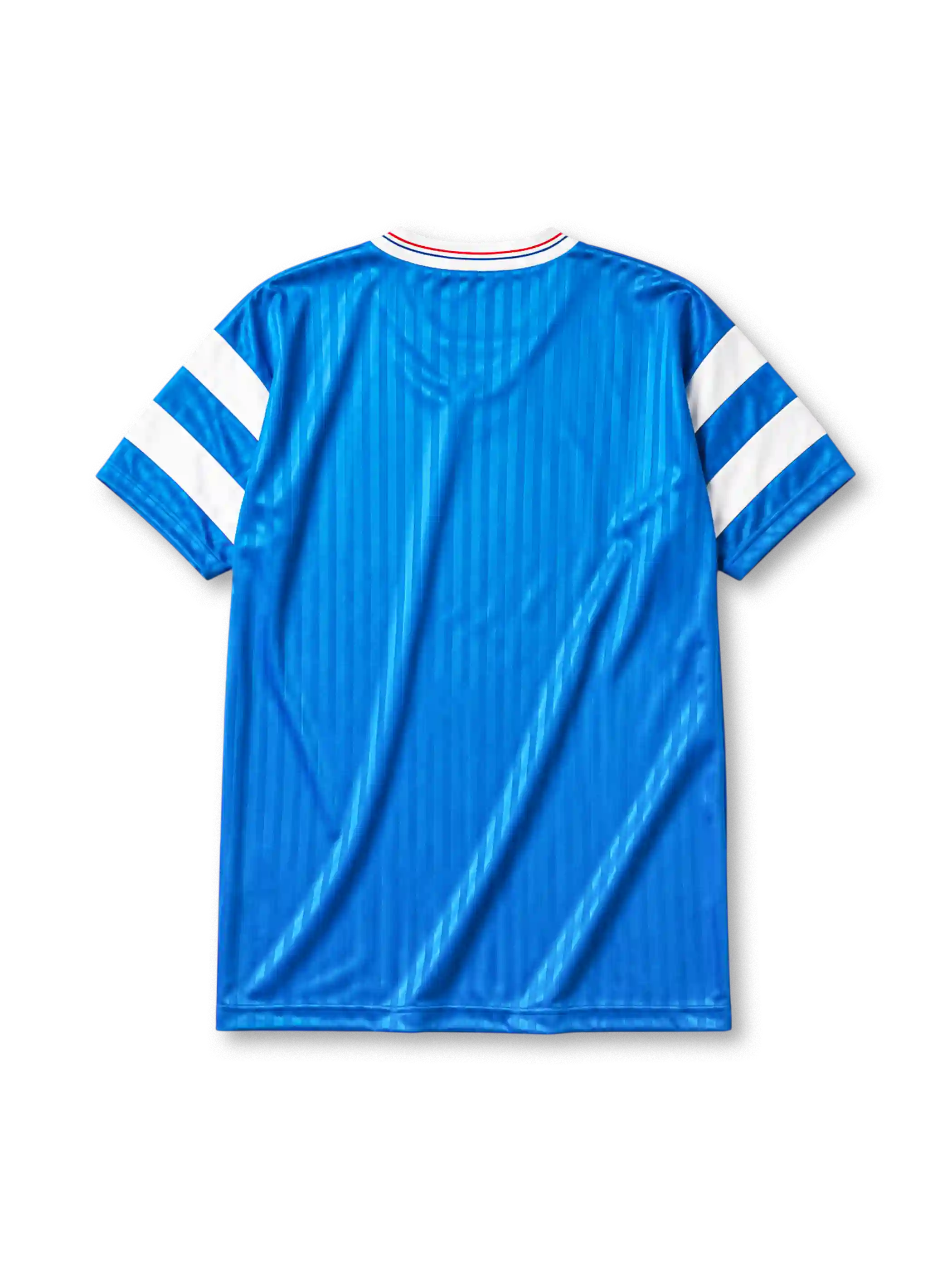 Marseille 1990 away jersey, front view, sky blue body with tonal pinstripe pattern, white V-neck collar with red and blue piping, white adidas trefoil logo, circular Olympique de Marseille crest, navy Panasonic sponsor logo