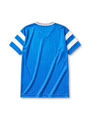 Marseille 1990 away jersey, front view, sky blue body with tonal pinstripe pattern, white V-neck collar with red and blue piping, white adidas trefoil logo, circular Olympique de Marseille crest, navy Panasonic sponsor logo