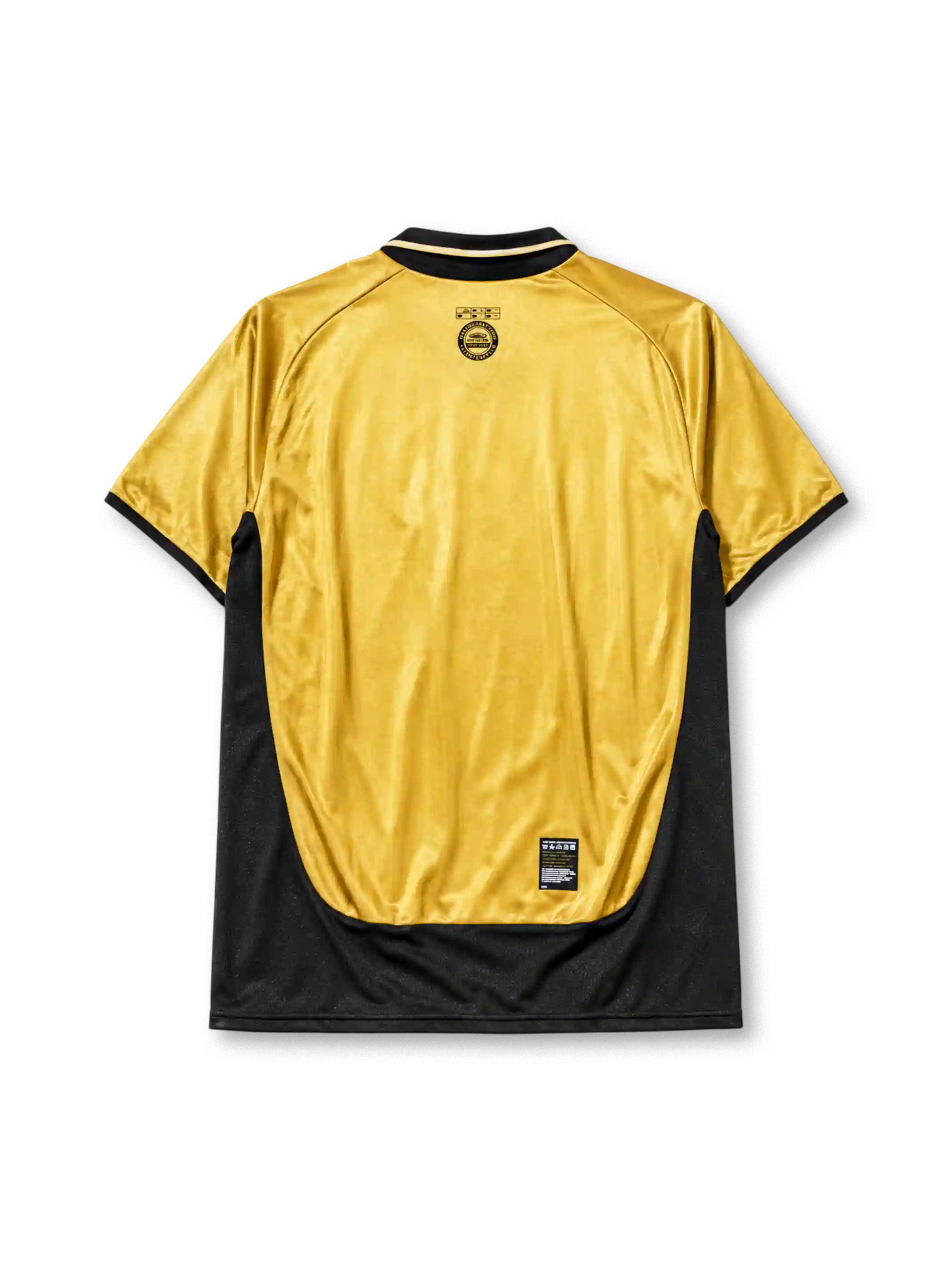 Manchester United 2001-02 away jersey, front view, gold body with black side panels, black V-neck collar with white piping, black Umbro logo, Manchester United devil crest and centenary 100 badge, black Vodafone sponsor logo