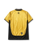 Manchester United 2001-02 away jersey, front view, gold body with black side panels, black V-neck collar with white piping, black Umbro logo, Manchester United devil crest and centenary 100 badge, black Vodafone sponsor logo