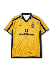 Manchester United 2001-02 away jersey, front view, gold body with black side panels, black V-neck collar with white piping, black Umbro logo, Manchester United devil crest and centenary 100 badge, black Vodafone sponsor logo
