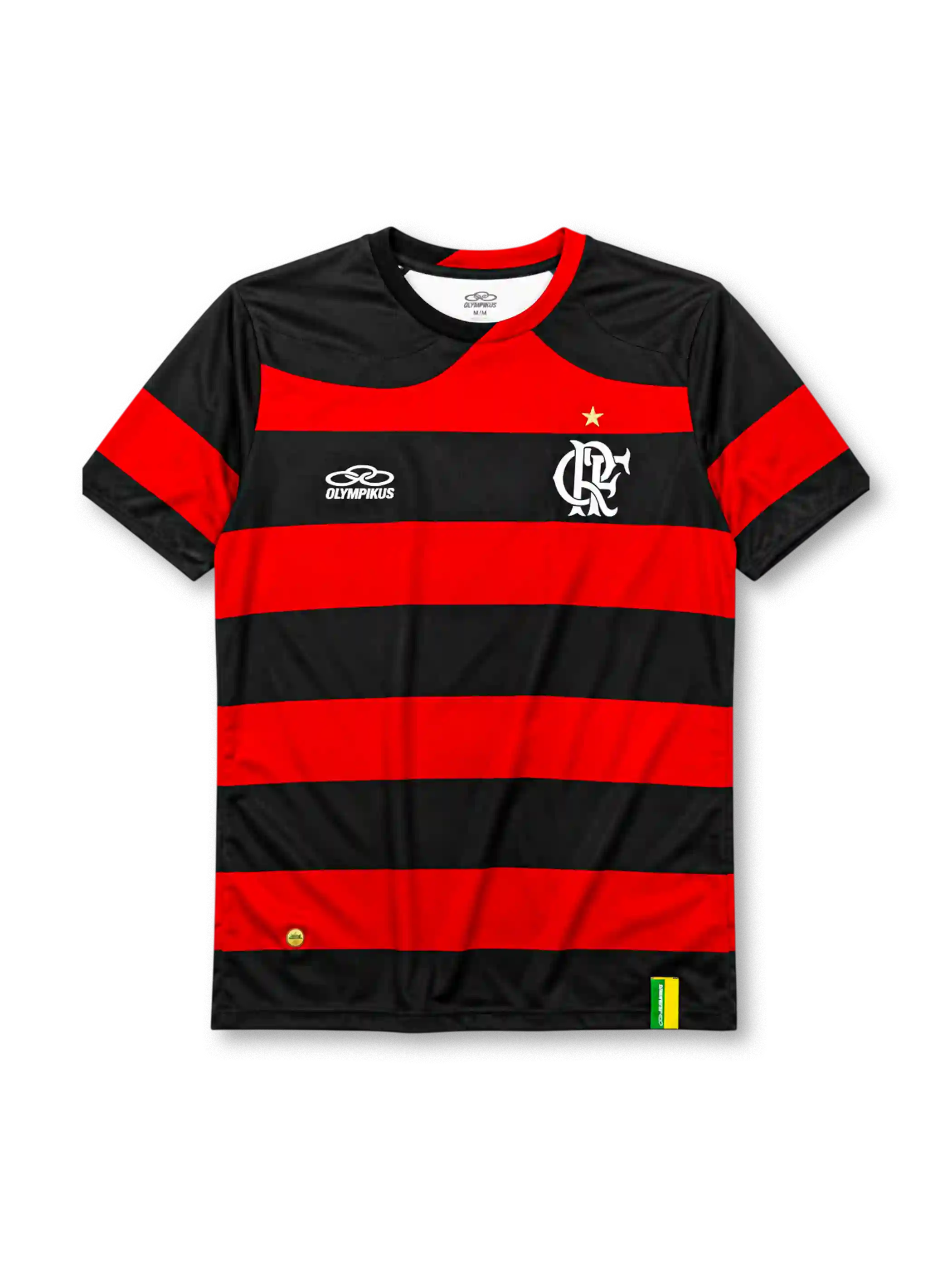 Flamengo 2009-10 home jersey, front view, red and black horizontal hoops, black crew-neck collar with red trim, white Olympikus logo, Flamengo CRF crest with gold star, small Brazilian flag tabs near hem