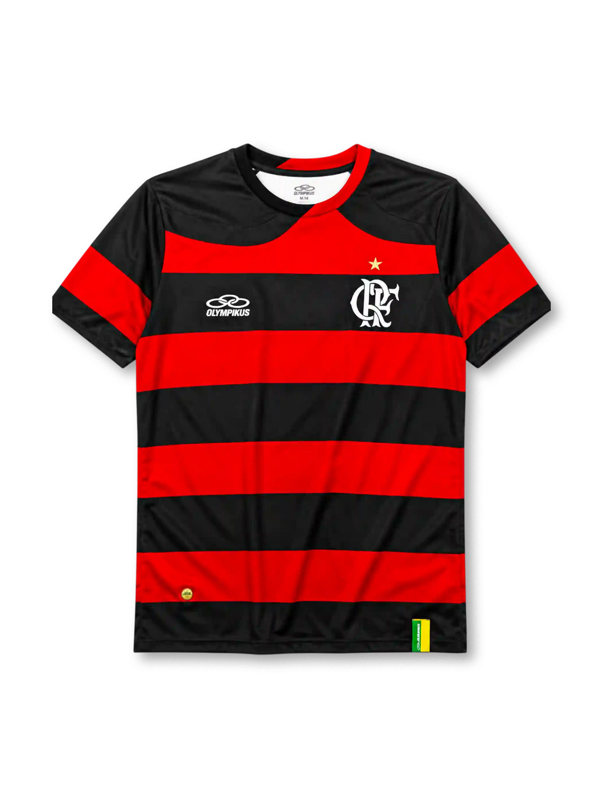 Flamengo 2009-10 home jersey, front view, red and black horizontal hoops, black crew-neck collar with red trim, white Olympikus logo, Flamengo CRF crest with gold star, small Brazilian flag tabs near hem