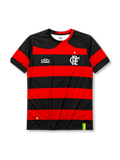 Flamengo 2009-10 home jersey, front view, red and black horizontal hoops, black crew-neck collar with red trim, white Olympikus logo, Flamengo CRF crest with gold star, small Brazilian flag tabs near hem