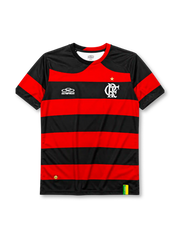 Flamengo 2009-10 home jersey, front view, red and black horizontal hoops, black crew-neck collar with red trim, white Olympikus logo, Flamengo CRF crest with gold star, small Brazilian flag tabs near hem