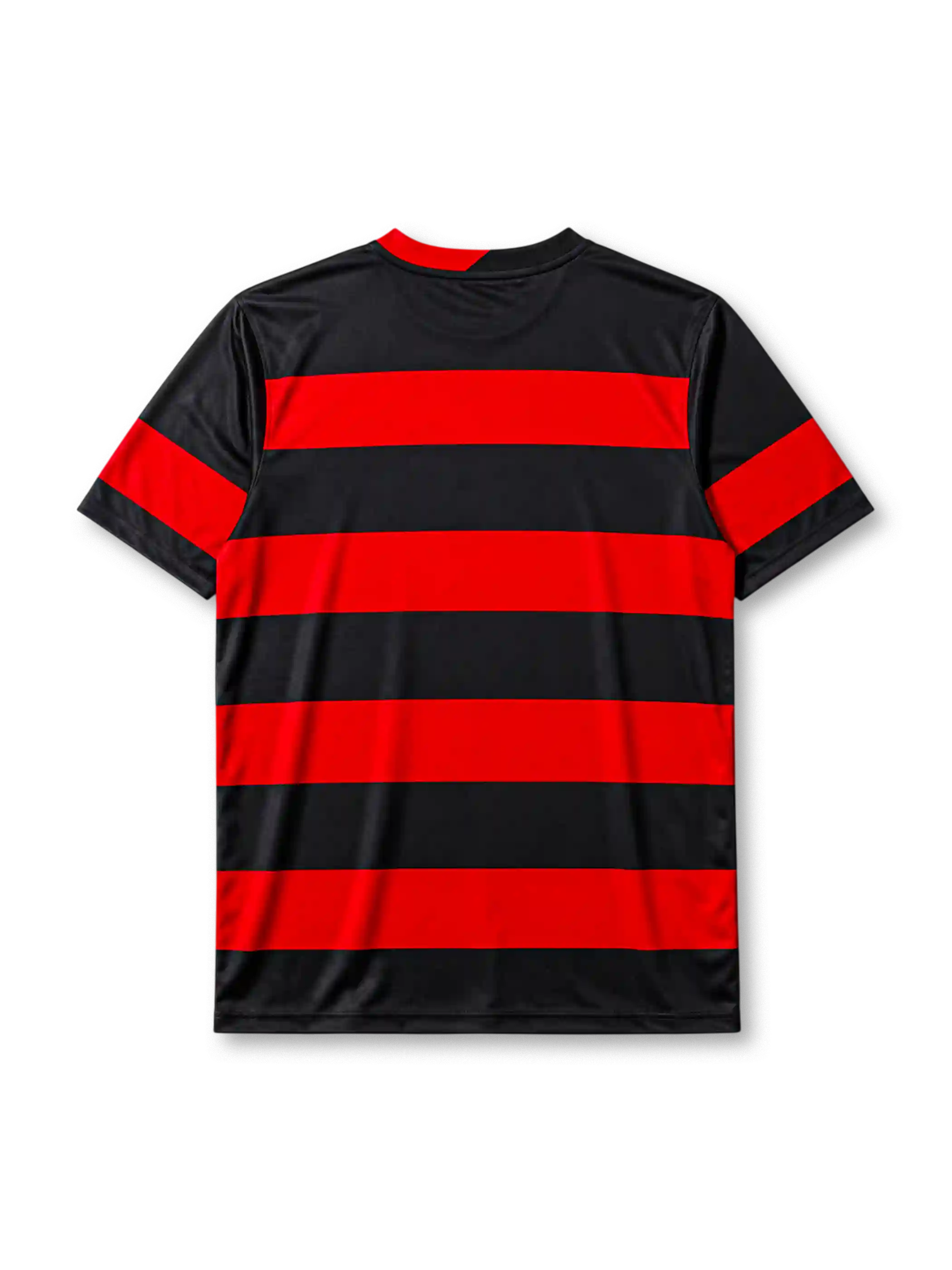 Flamengo 2009-10 home jersey, front view, red and black horizontal hoops, black crew-neck collar with red trim, white Olympikus logo, Flamengo CRF crest with gold star, small Brazilian flag tabs near hem