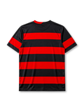 Flamengo 2009-10 home jersey, front view, red and black horizontal hoops, black crew-neck collar with red trim, white Olympikus logo, Flamengo CRF crest with gold star, small Brazilian flag tabs near hem