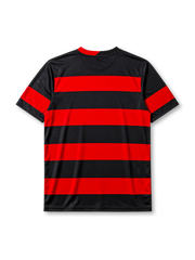 Flamengo 2009-10 home jersey, front view, red and black horizontal hoops, black crew-neck collar with red trim, white Olympikus logo, Flamengo CRF crest with gold star, small Brazilian flag tabs near hem