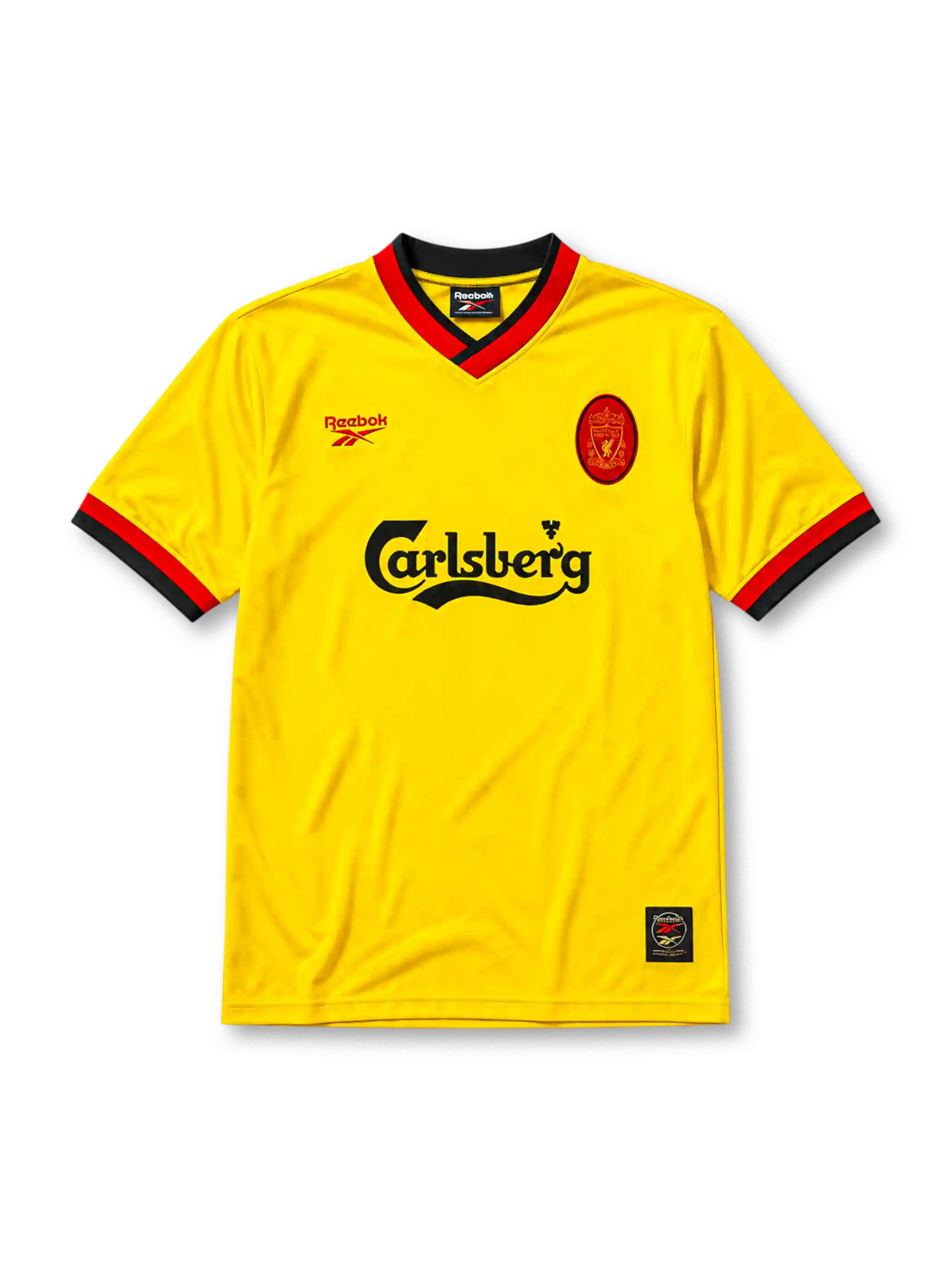 Liverpool 1998 away jersey, front view, bright yellow body, black and red V-neck collar, red Reebok logo, oval red Liverpool crest, black Carlsberg sponsor logo, black and red striped cuffs