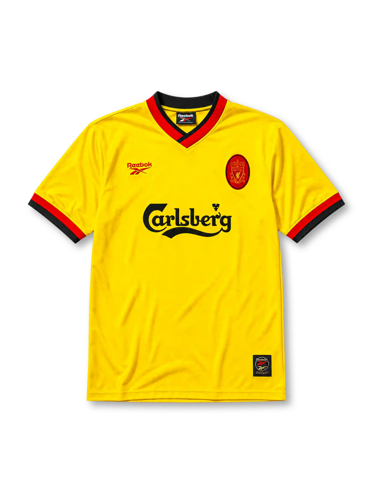 Liverpool 1998 away jersey, front view, bright yellow body, black and red V-neck collar, red Reebok logo, oval red Liverpool crest, black Carlsberg sponsor logo, black and red striped cuffs