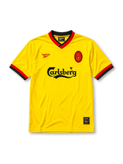 Liverpool 1998 away jersey, front view, bright yellow body, black and red V-neck collar, red Reebok logo, oval red Liverpool crest, black Carlsberg sponsor logo, black and red striped cuffs