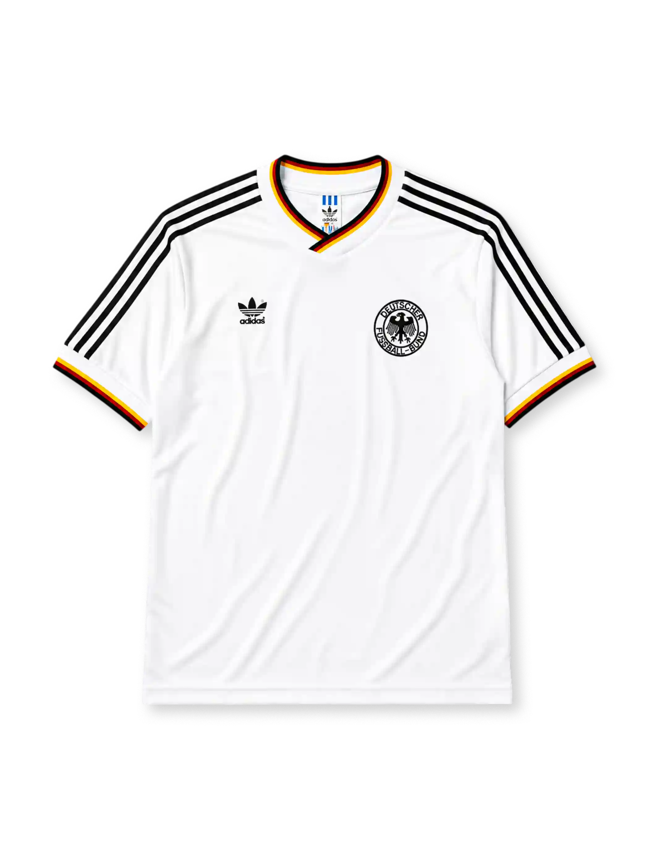 West Germany 1986 home jersey, front view, white body with black red and gold tricolor V-neck collar trim, black adidas trefoil logo and stripes, circular DFB eagle crest, tricolor trimmed cuffs