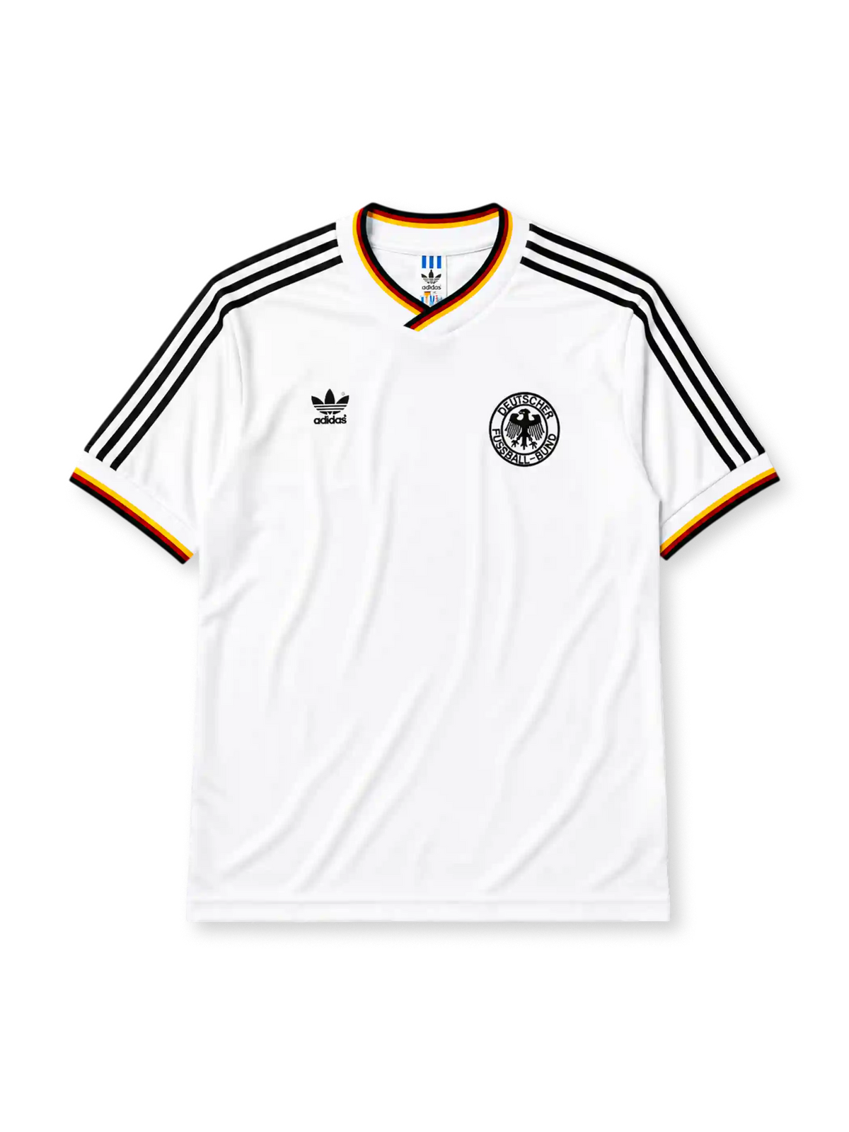 West Germany 1986 home jersey, front view, white body with black red and gold tricolor V-neck collar trim, black adidas trefoil logo and stripes, circular DFB eagle crest, tricolor trimmed cuffs