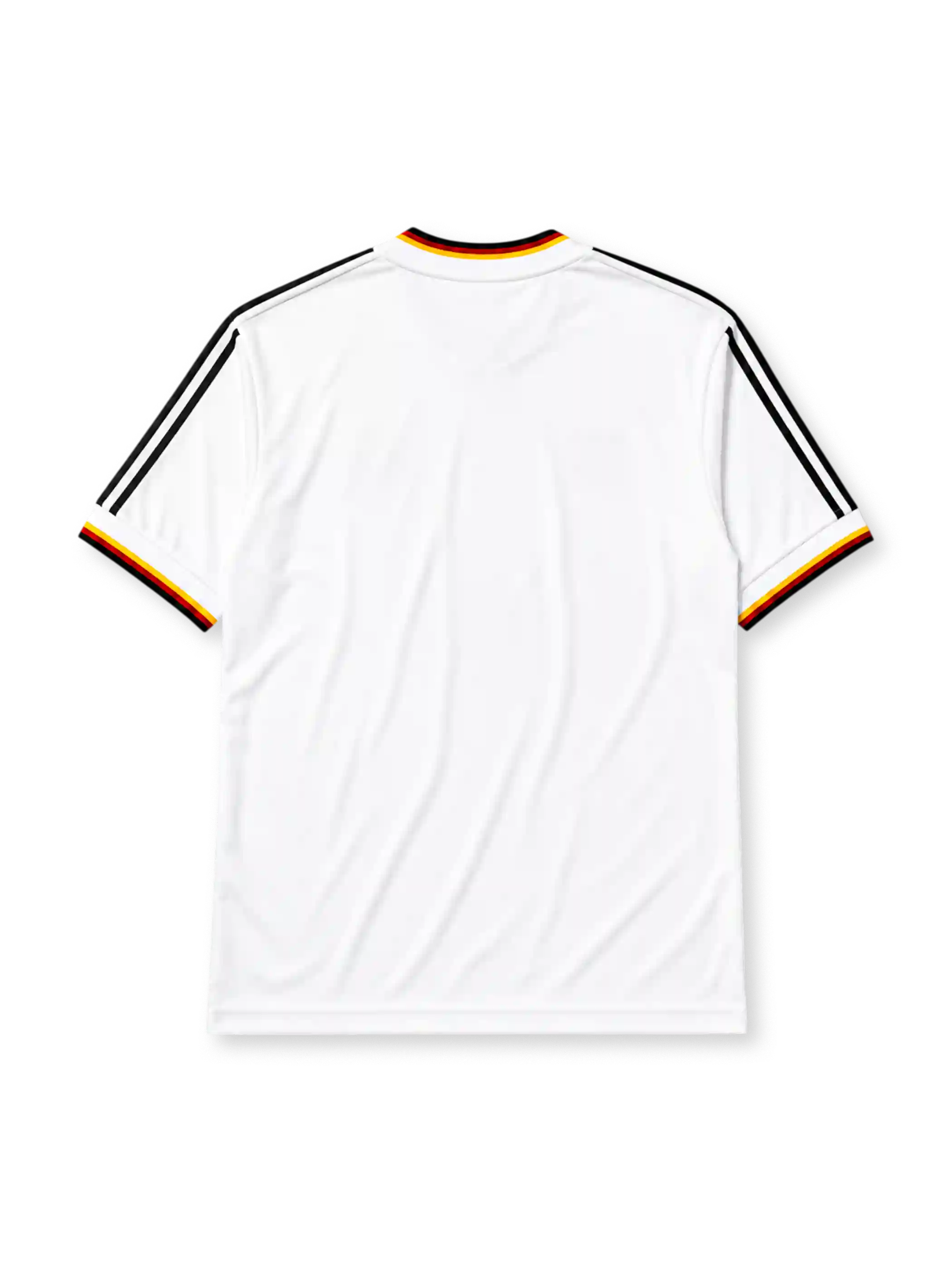 West Germany 1986 home jersey, front view, white body with black red and gold tricolor V-neck collar trim, black adidas trefoil logo and stripes, circular DFB eagle crest, tricolor trimmed cuffs