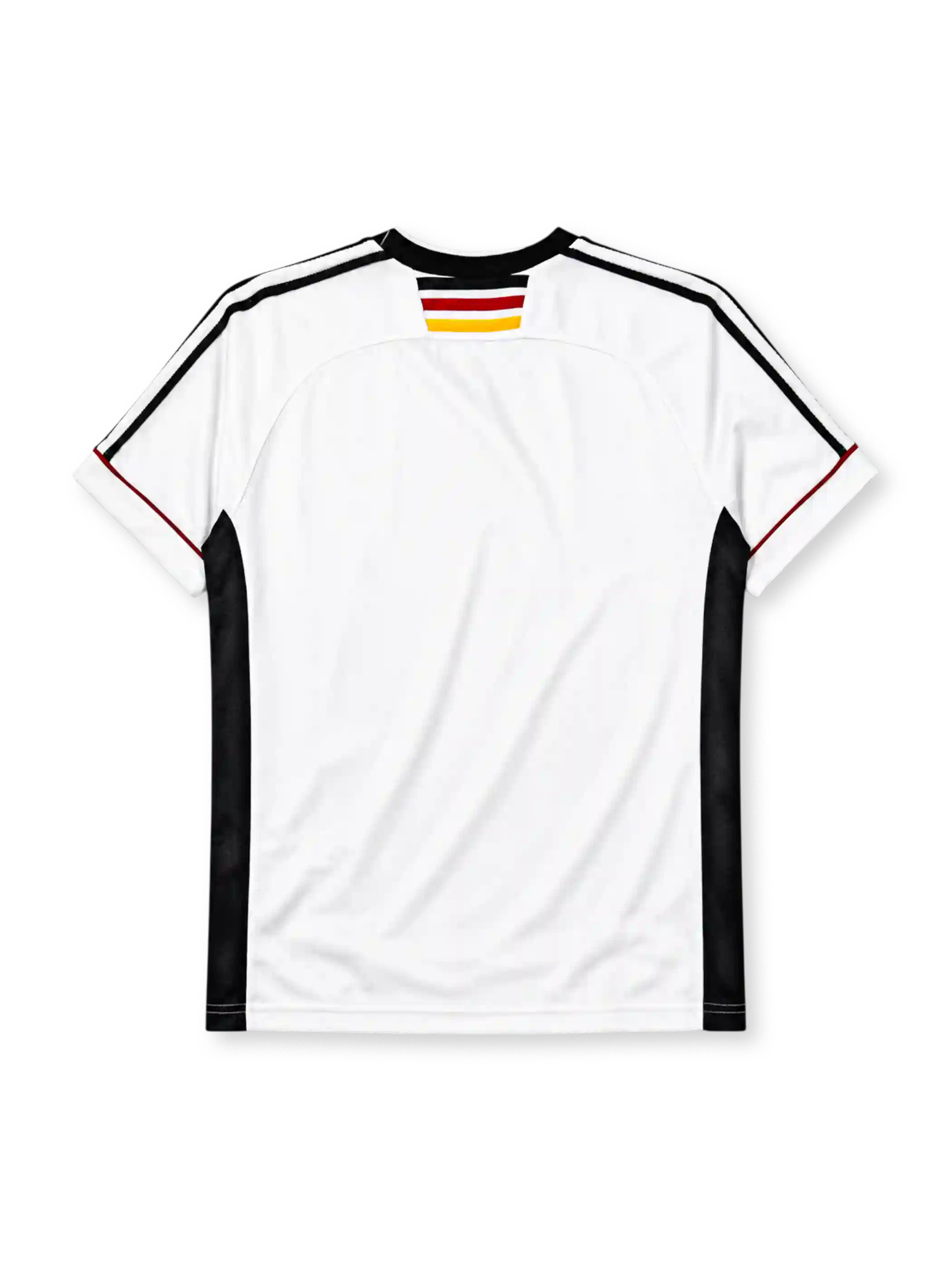 Germany 1998 home jersey, front view, white body with black red and gold horizontal chest band, black V-neck collar, black adidas logo, three tricolor stars, DFB eagle crest, black side panel stripes