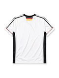 Germany 1998 home jersey, front view, white body with black red and gold horizontal chest band, black V-neck collar, black adidas logo, three tricolor stars, DFB eagle crest, black side panel stripes
