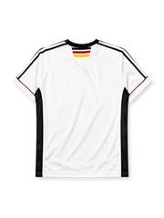 Germany 1998 home jersey, front view, white body with black red and gold horizontal chest band, black V-neck collar, black adidas logo, three tricolor stars, DFB eagle crest, black side panel stripes