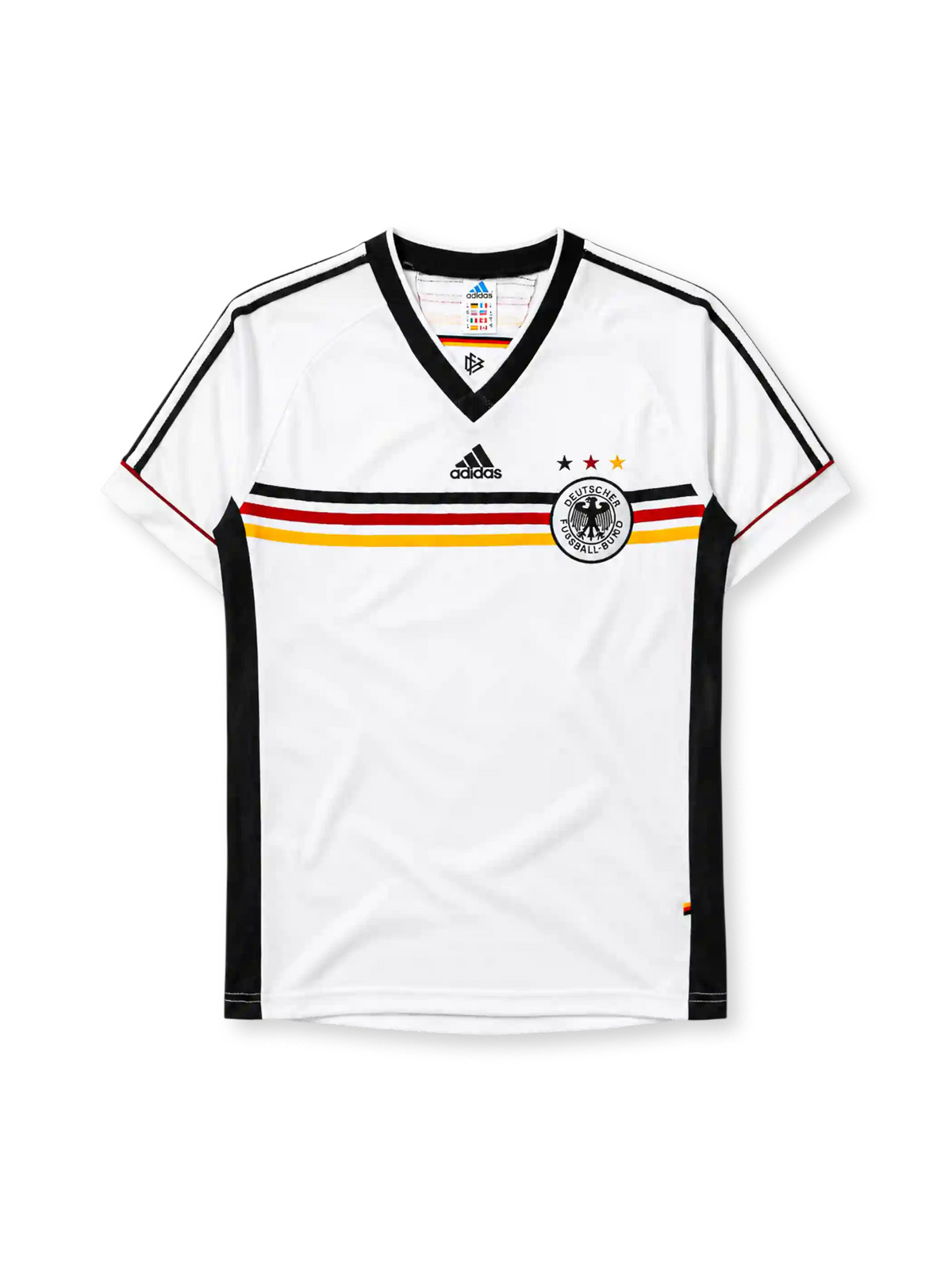 Germany 1998 home jersey, front view, white body with black red and gold horizontal chest band, black V-neck collar, black adidas logo, three tricolor stars, DFB eagle crest, black side panel stripes