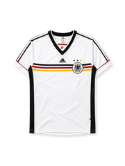 Germany 1998 home jersey, front view, white body with black red and gold horizontal chest band, black V-neck collar, black adidas logo, three tricolor stars, DFB eagle crest, black side panel stripes