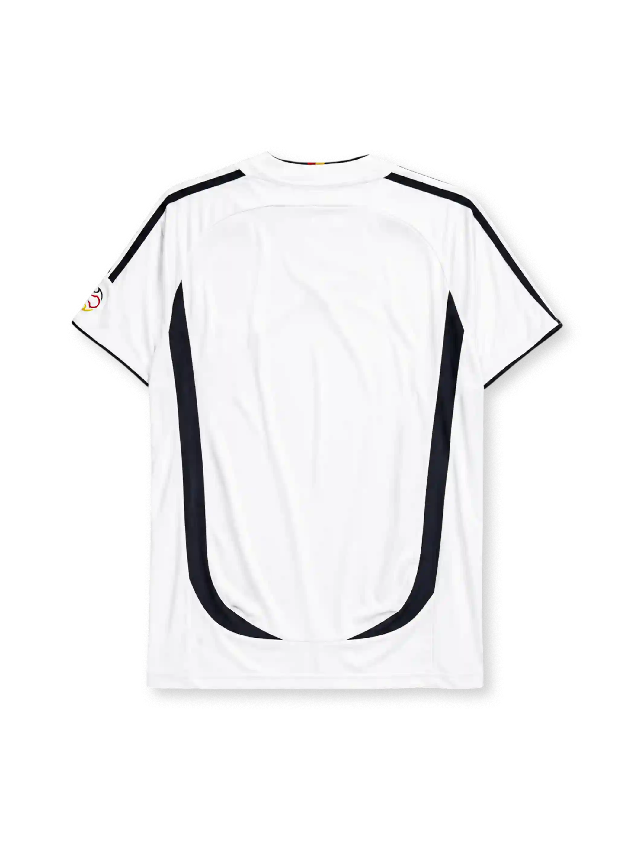 Germany 2006 home jersey, front view, white body with curved red and gold side panels, black shoulder panels, black adidas logo and stripes, three gold stars, DFB eagle crest, small tournament emblem on sleeve