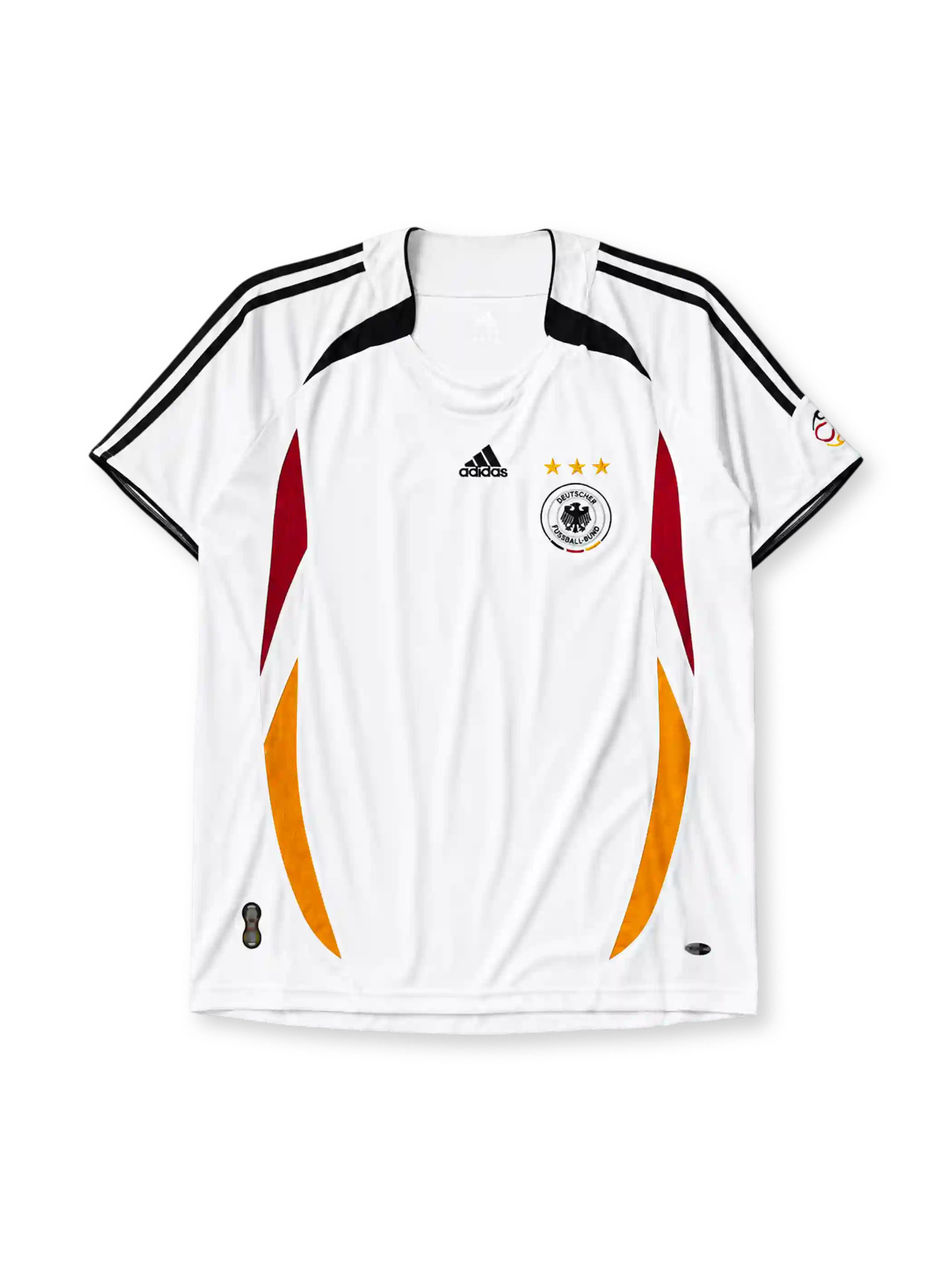 Germany 2006 home jersey, front view, white body with curved red and gold side panels, black shoulder panels, black adidas logo and stripes, three gold stars, DFB eagle crest, small tournament emblem on sleeve