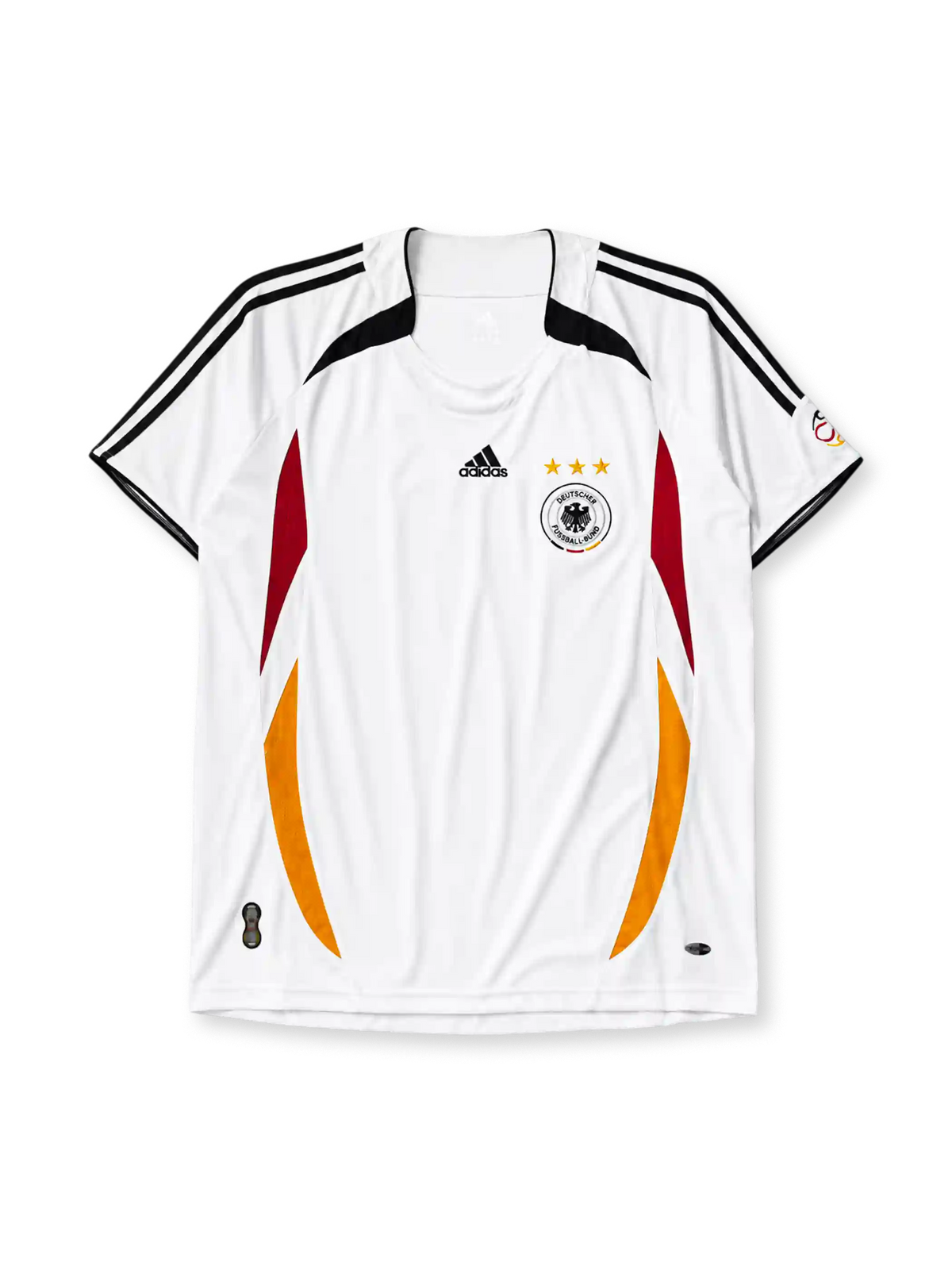 Germany 2006 home jersey, front view, white body with curved red and gold side panels, black shoulder panels, black adidas logo and stripes, three gold stars, DFB eagle crest, small tournament emblem on sleeve