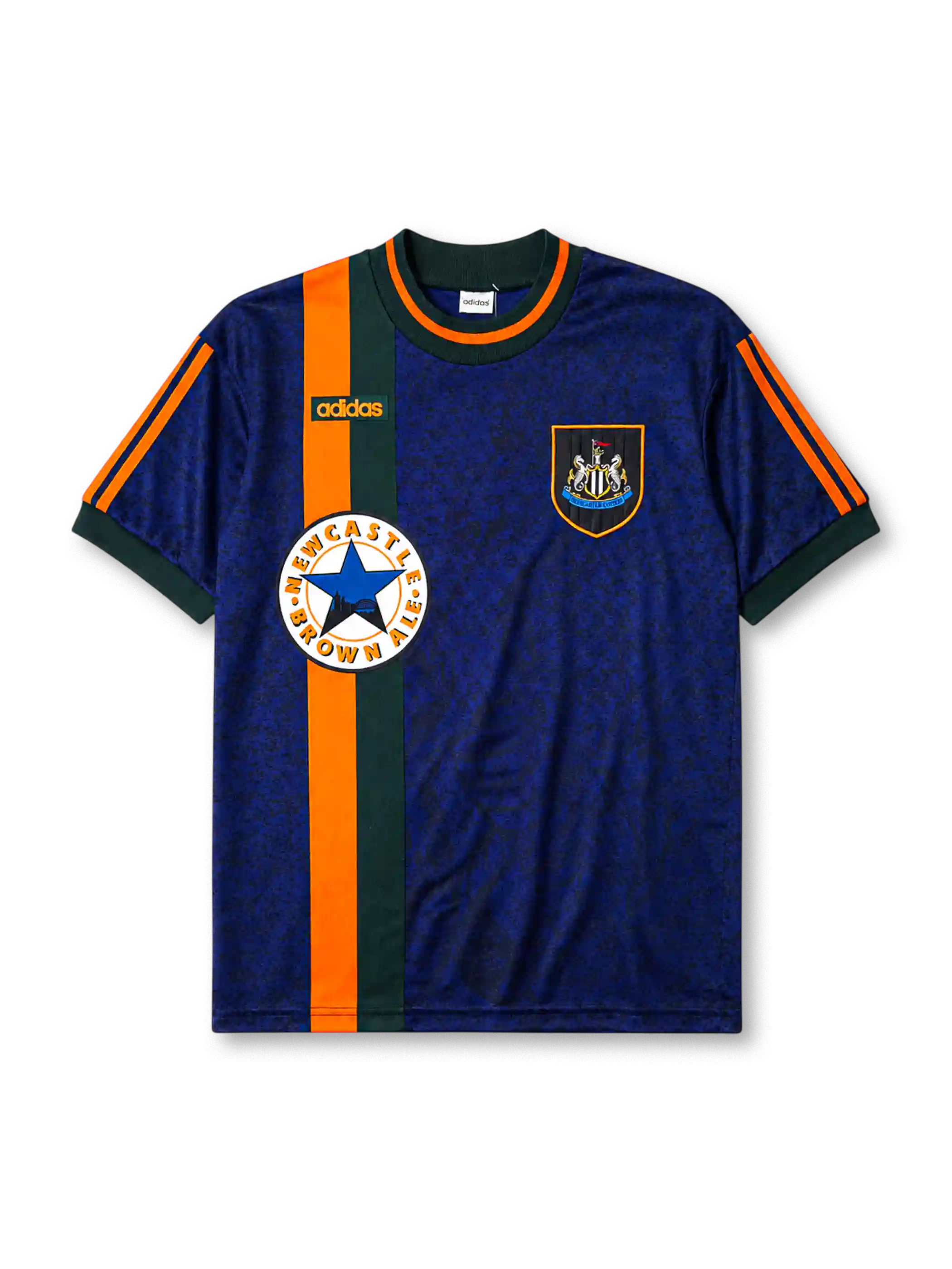 Newcastle United 1997-98 away jersey, front view, mottled navy body with orange and green vertical center stripe, dark green crew-neck collar with orange trim, green adidas logo, Newcastle United shield crest, circular Newcastle Brown Ale star sponsor badge