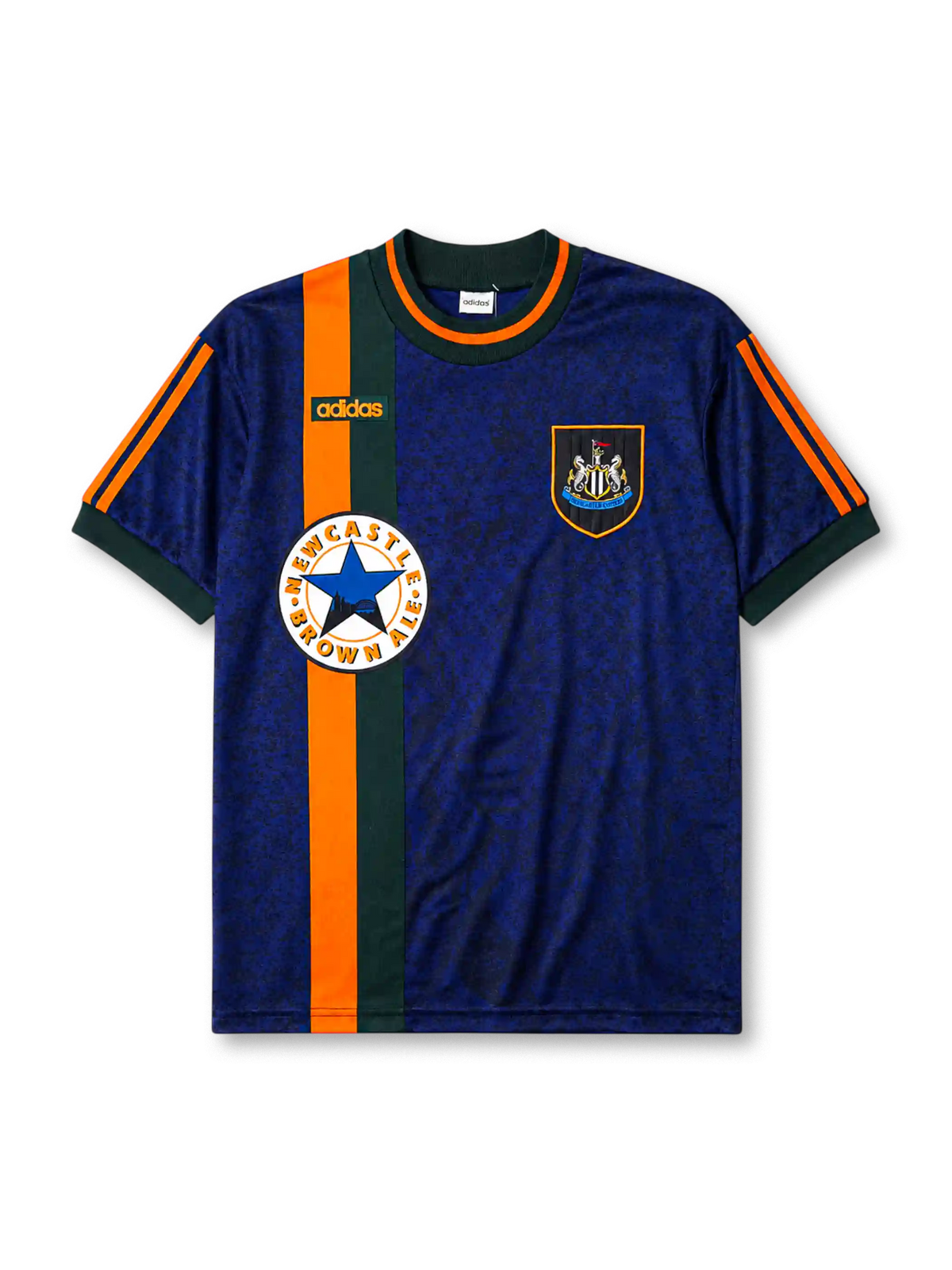 Newcastle United 1997-98 away jersey, front view, mottled navy body with orange and green vertical center stripe, dark green crew-neck collar with orange trim, green adidas logo, Newcastle United shield crest, circular Newcastle Brown Ale star sponsor badge