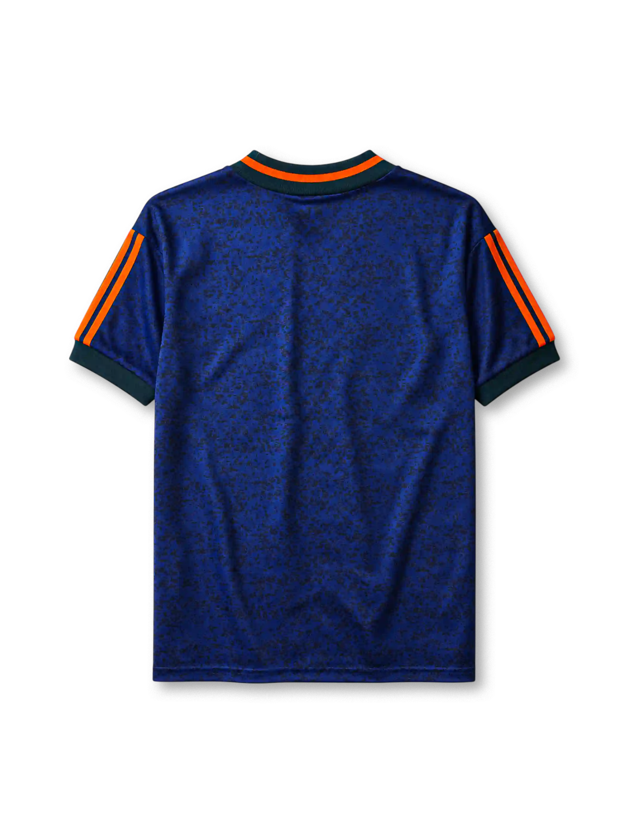 Newcastle United 1997-98 away jersey, front view, mottled navy body with orange and green vertical center stripe, dark green crew-neck collar with orange trim, green adidas logo, Newcastle United shield crest, circular Newcastle Brown Ale star sponsor badge