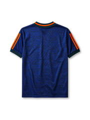 Newcastle United 1997-98 away jersey, front view, mottled navy body with orange and green vertical center stripe, dark green crew-neck collar with orange trim, green adidas logo, Newcastle United shield crest, circular Newcastle Brown Ale star sponsor badge