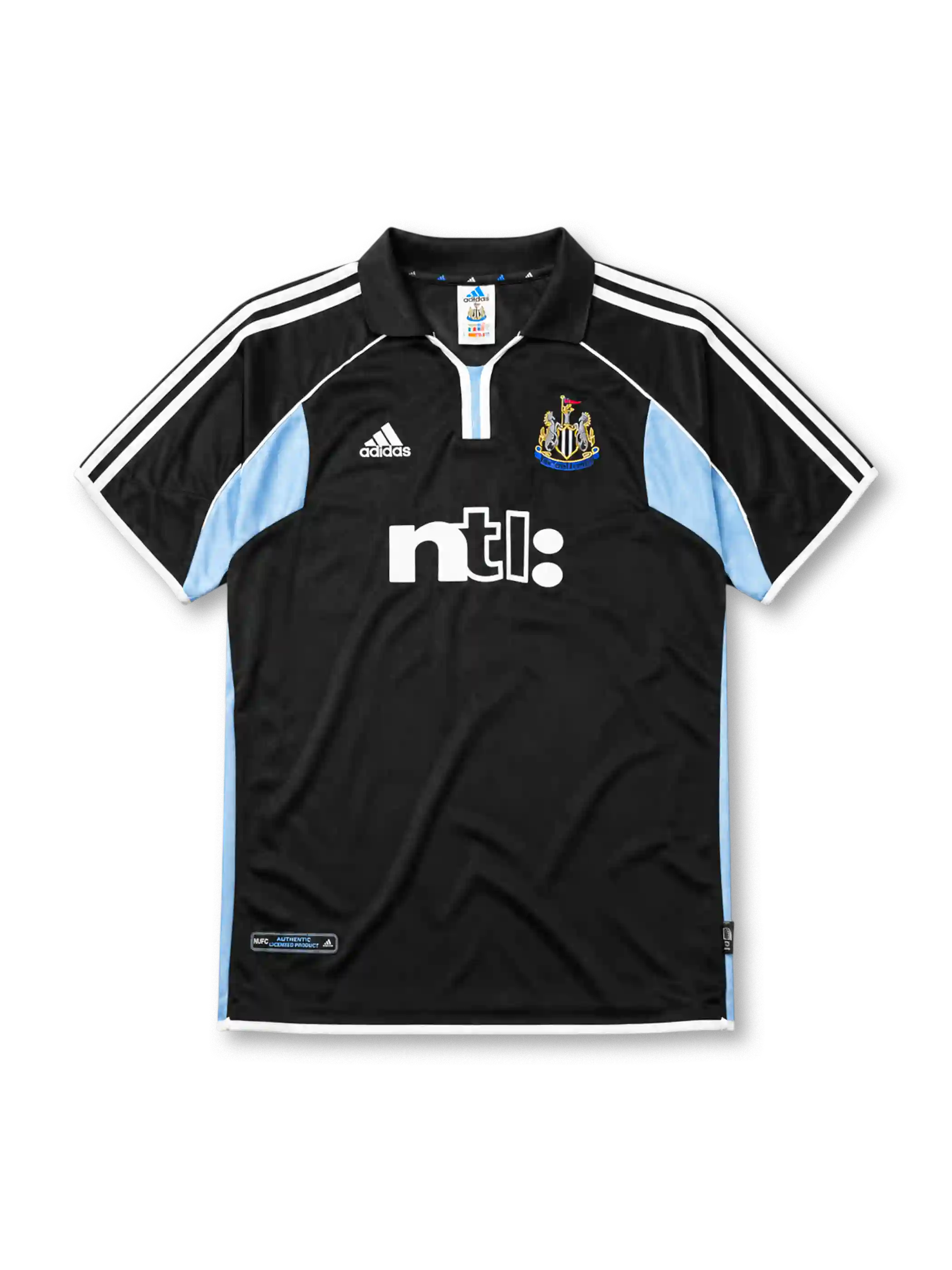 Newcastle United 2000-01 away jersey, front view, black body with sky blue side panels, black polo-style collar, white adidas logo and stripes, Newcastle United shield crest, white ntl sponsor logo, authentic product tag near hem
