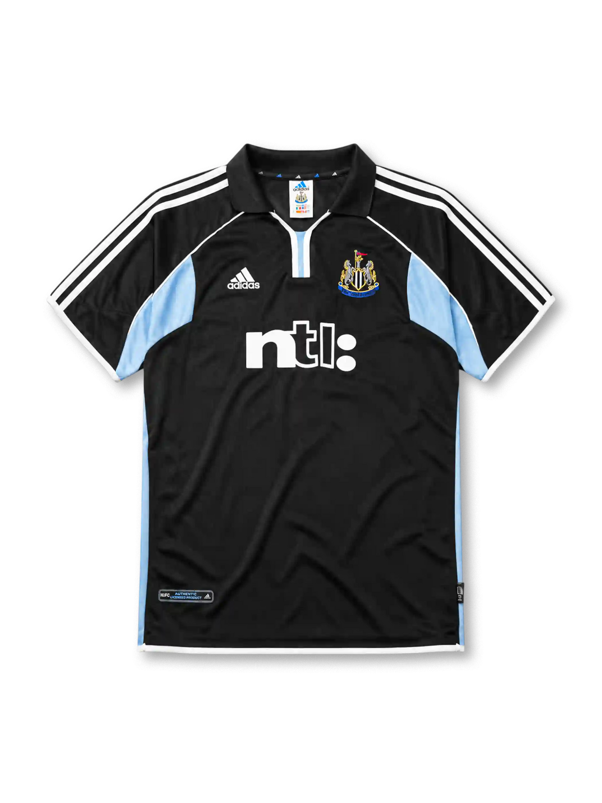 Newcastle United 2000-01 away jersey, front view, black body with sky blue side panels, black polo-style collar, white adidas logo and stripes, Newcastle United shield crest, white ntl sponsor logo, authentic product tag near hem