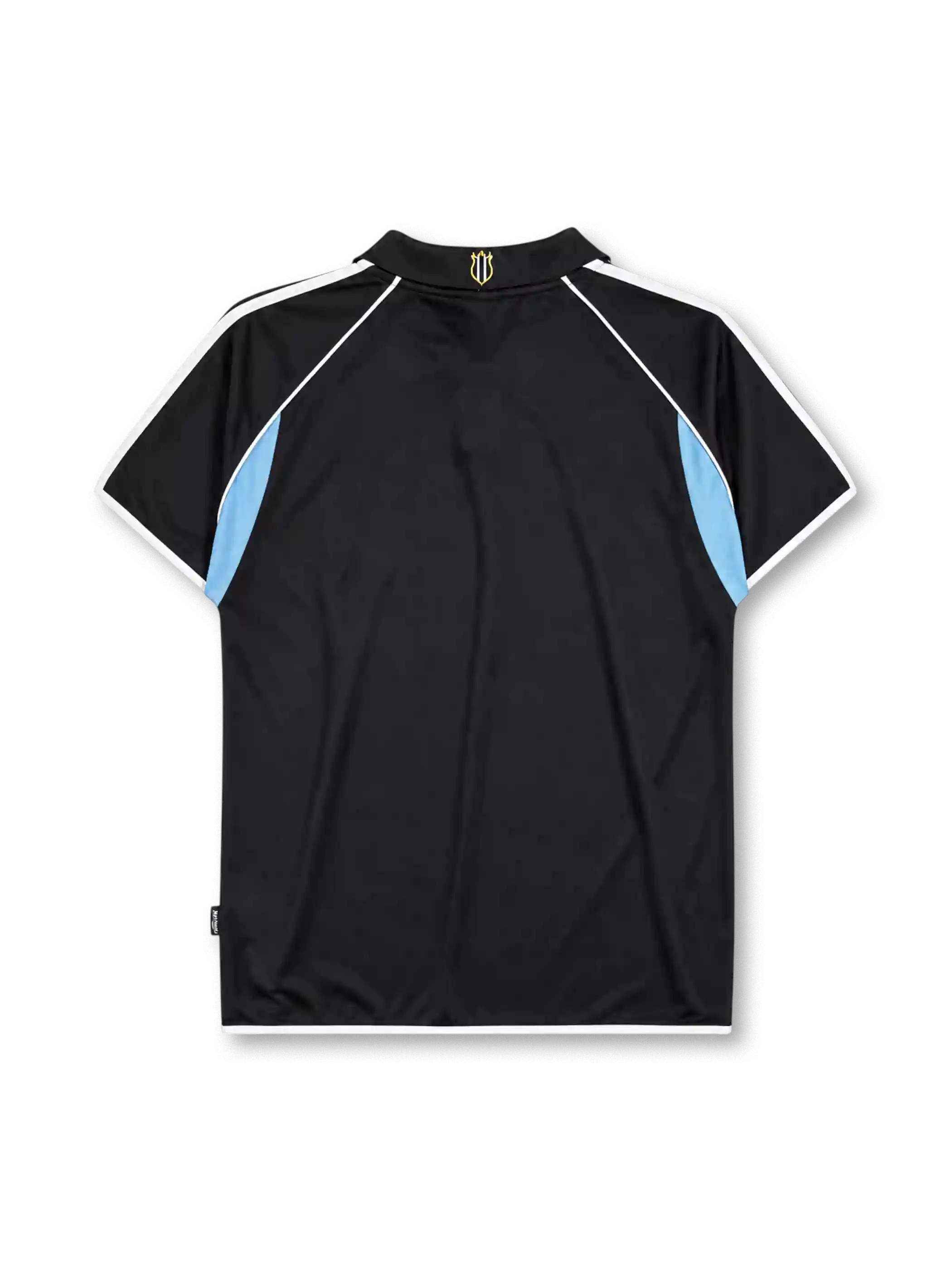 Newcastle United 2000-01 away jersey, front view, black body with sky blue side panels, black polo-style collar, white adidas logo and stripes, Newcastle United shield crest, white ntl sponsor logo, authentic product tag near hem